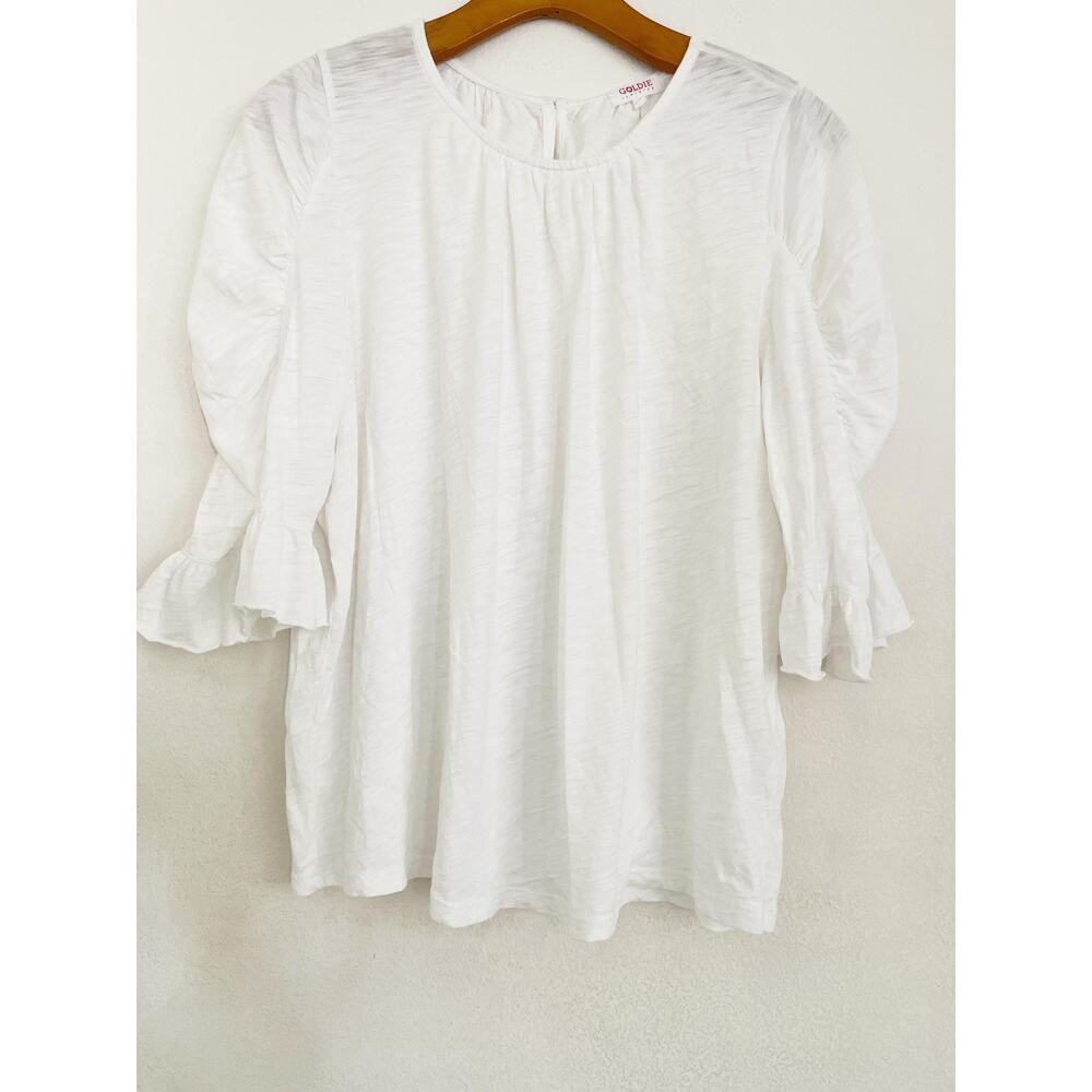 Goldie Shirt Womens S White Ruffle Bell Sleeve Crew Neck Jersey Tee Top